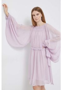 Emporio Armani sukienka kolor fioletowy mini rozkloszowana. Kolor: fioletowy. Materiał: materiał. Typ sukienki: rozkloszowane. Długość: mini #1