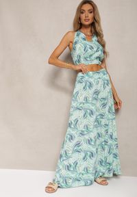 Renee - Zielony Komplet Boho z Bawełny Krótki Top na Ramiączkach z Gumką Szerokie Spodnie Rasida. Kolor: zielony. Materiał: bawełna