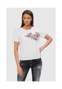 MOSCHINO Biały t-shirt damski z logo i kwiatami, Rozmiar XS. Kolor: biały. Materiał: prążkowany. Wzór: kwiaty