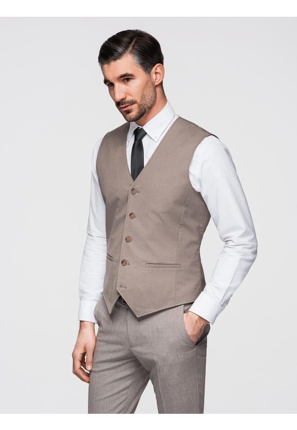 Ombre Clothing - Kamizelka męska garniturowa bez klap - beżowa V2 - Rozmiar: L. Kolor: beżowy. Materiał: tkanina, poliester. Wzór: gładki, jednolity. Styl: elegancki