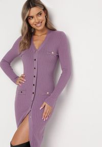 Born2be - Fioletowa Sukienka Sweterkowa na Guziki Gricrana. Kolor: fioletowy. Typ sukienki: dopasowane. Długość: midi #3