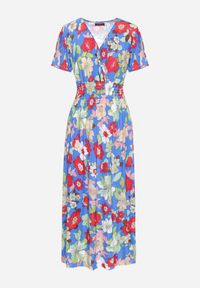 Born2be - Niebieska Sukienka w Kwiaty z Kopertowym Dekoltem i Gumkami w Pasie Lomanda. Okazja: na spacer, na co dzień. Typ kołnierza: dekolt kopertowy. Kolor: niebieski. Wzór: kwiaty. Sezon: lato. Typ sukienki: kopertowe. Styl: elegancki, casual, klasyczny. Długość: midi #2