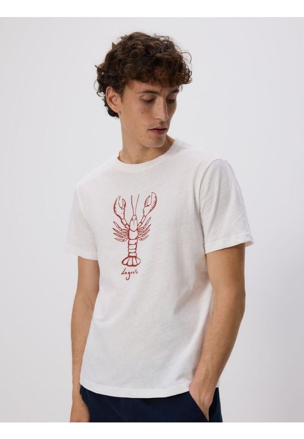 Reserved - T-shirt regular z lnem - biały. Kolor: biały. Materiał: len