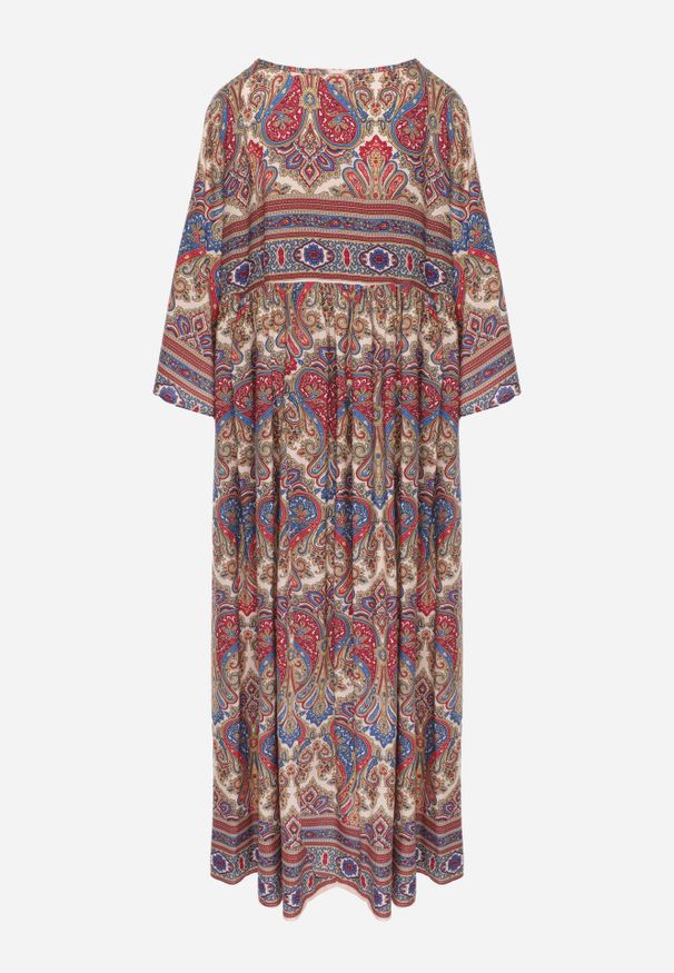Renee - Jasnobeżowa Rozkloszowana Sukienka we Wzór Paisley z Rękawem 3/4 Briarwa. Okazja: na co dzień. Kolor: beżowy. Wzór: paisley. Styl: elegancki, casual