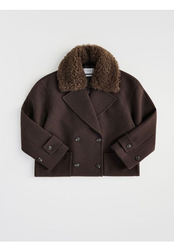 Reserved - Płaszcz z dodatkiem wełny - ciemnobrązowy. Kolor: brązowy. Materiał: wełna