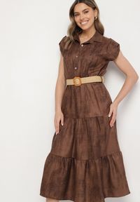 Born2be - Brązowa Sukienka Ozdobiona Plecionym Paskiem i Guzikami Filianea. Okazja: na co dzień. Kolor: brązowy. Materiał: jeans. Wzór: aplikacja. Styl: casual, elegancki #4