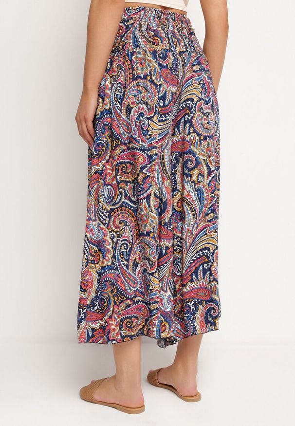 Born2be - Granatowe Bawełniane Spodnie Kuloty z Wzorem Paisley Tarrisa. Okazja: na co dzień. Kolor: niebieski. Materiał: bawełna. Wzór: paisley. Styl: elegancki, casual