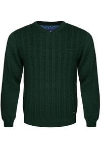 M. Lasota - polski producent - Zielony sweter męski w serek z wełny merino SL01 Fabiano. Typ kołnierza: dekolt w serek. Kolor: zielony. Materiał: wełna. Wzór: ze splotem, gładki. Styl: sportowy #1