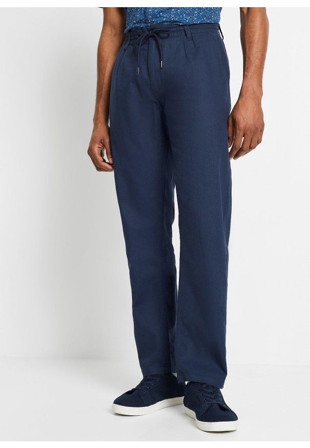 bonprix - Spodnie ze sznurkiem w pasie, z przewiewnej mieszanki lnu o prostych nogawkach i kroju relaxed fit. Kolor: niebieski. Materiał: len, materiał