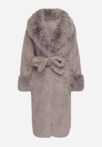 Born2be - Szary Futerkowy Płaszcz z Szerokim Kołnierzem i Mankietami z Wiązanym Paskiem Viaruna. Okazja: na co dzień, na imprezę. Kolor: szary. Materiał: dzianina. Długość rękawa: długi rękaw. Długość: długie. Styl: casual, elegancki #4