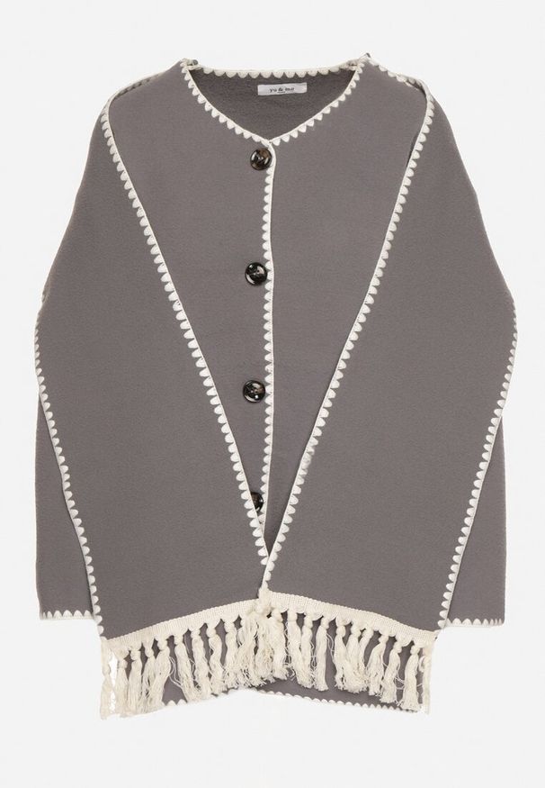 Born2be - Szara Pudełkowa Kurtka z Ozdobnymi Przeszyciami i Szalikiem Salenalia. Okazja: na co dzień. Kolor: szary. Materiał: jeans. Styl: elegancki, casual