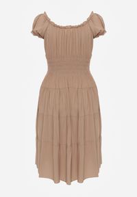 Renee - Ciemnobeżowa Sukienka Rozkloszowana z Bawełny z Bufiastymi Rękawami i Guzikami Anniliana. Okazja: na co dzień. Kolor: beżowy. Materiał: bawełna. Typ sukienki: proste, rozkloszowane. Styl: elegancki, klasyczny, casual #4