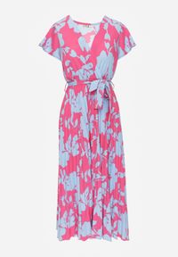 Renee - Różowo-Niebieska Kopertowa Plisowana Sukienka Koktajlowa z Gumką i Paskiem w Talii Benelsea. Typ kołnierza: dekolt w kształcie V. Kolor: różowy. Materiał: materiał. Typ sukienki: kopertowe. Styl: wizytowy #8