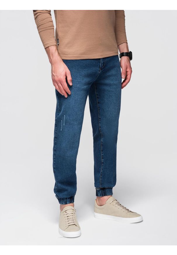 Ombre Clothing - Spodnie męskie jeansowe JOGGERY z klasyczna opaśnicą - niebieskie V2 - Rozmiar: L. Okazja: na co dzień. Kolor: niebieski. Materiał: jeans. Styl: klasyczny