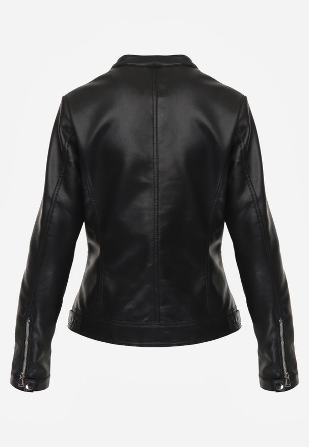 Born2be - Czarna Klasyczna Kurtka Ramoneska o Taliowantym Kroju Anlea. Okazja: na co dzień. Typ kołnierza: kołnierz z falbankami. Kolor: czarny. Materiał: jeans, skóra, poliester, dzianina. Styl: klasyczny