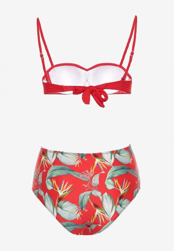 Born2be - Czerwone Bikini Gładki Biustonosz i Wzorzyste Wysokie Figi Ortella. Kolor: czerwony. Wzór: gładki