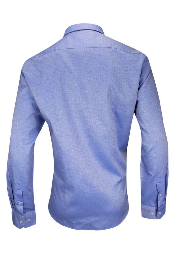 Rey Jay - Niebieska Koszula z Długim Rękawem -REY JAY- Slim Fit, Męska, w Drobny Tłoczony Wzór. Okazja: na spotkanie biznesowe, do pracy. Kolor: niebieski. Materiał: bawełna. Długość rękawa: długi rękaw. Długość: długie. Styl: elegancki, biznesowy
