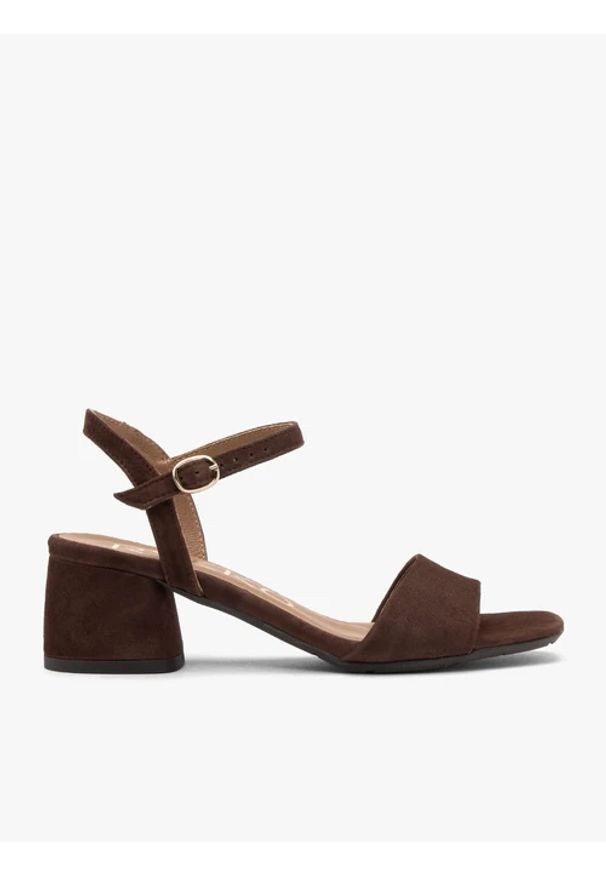 Ryłko - Ciemnobrązowe sandały damskie na słupku. Okazja: na co dzień. Kolor: brązowy. Materiał: skóra, welur. Obcas: na słupku. Styl: casual, street, klasyczny. Wysokość obcasa: średni