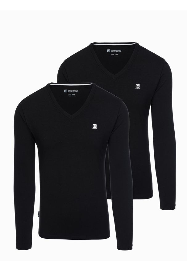 Ombre Clothing - Komplet męskich longsleeve'ów SLIM FIT z dekoltem typu V i logotypem 2-pak – 2x czarny V5 - Rozmiar: L. Okazja: na co dzień. Kolor: czarny. Materiał: elastan, bawełna. Długość rękawa: długi rękaw. Styl: casual