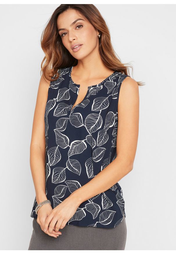 bonprix - Bluzka bez rękawów z wiskozy. Kolor: niebieski. Materiał: wiskoza. Długość rękawa: bez rękawów. Styl: elegancki