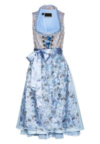 Sukienka w ludowym stylu w żakardowy deseń, z haftowanym fartuchem bonprix pudrowy niebieski wzorzysty. Kolor: fioletowy. Materiał: żakard. Wzór: haft #1