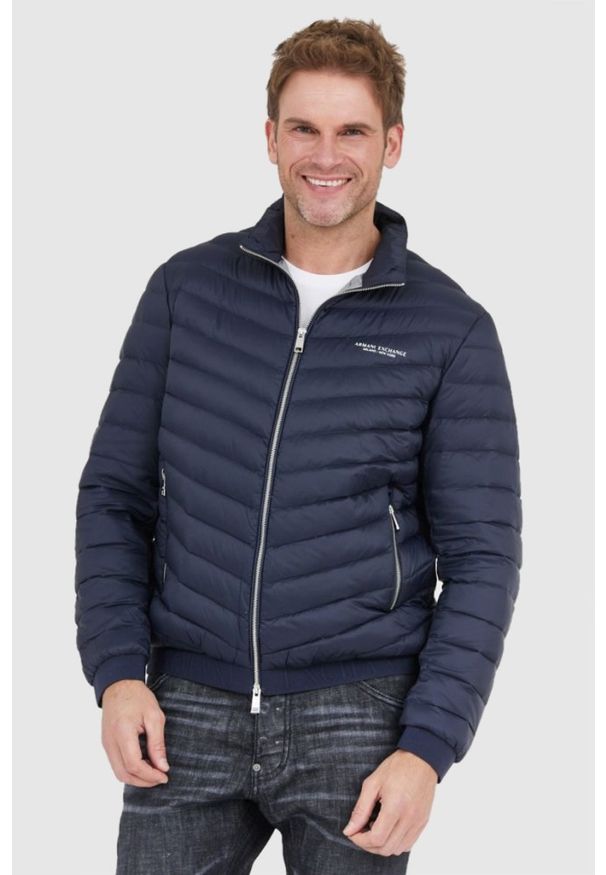 Armani Exchange - ARMANI EXCHANGE Granatowa puchowa kurtka przejściowa męska, Rozmiar S. Kolor: niebieski. Materiał: puch