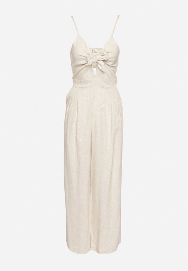 Born2be - Beżowy Kombinezon Bawełniany na Regulowanych Ramiączkach Ozdobiony Wiązaniem Tylida. Okazja: na co dzień. Kolor: beżowy. Materiał: bawełna. Długość rękawa: na ramiączkach. Wzór: aplikacja. Styl: elegancki, casual