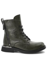 Zielone Botki Vinceza Ocieplane Buty Damskie. Okazja: na co dzień. Zapięcie: sznurówki. Kolor: zielony. Szerokość cholewki: normalna. Materiał: skóra, jeans. Sezon: zima, jesień. Obcas: na obcasie. Styl: casual, klasyczny. Wysokość obcasa: średni #2