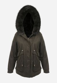 Born2be - Ciemnozielona Kurtka Nylonowa Parka z Odpinanym Futerkiem Beaten. Kolor: zielony. Materiał: nylon, futro. Wzór: paski, aplikacja