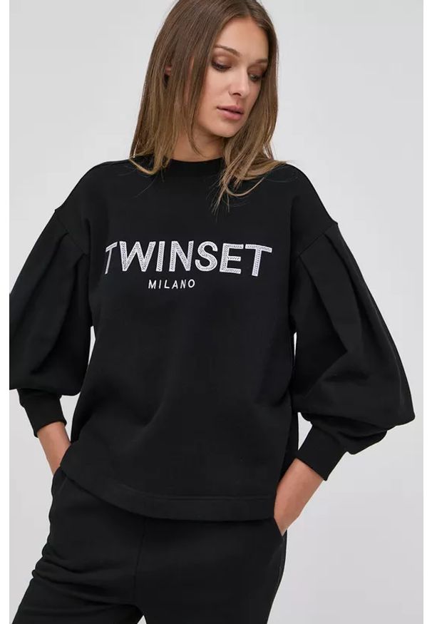 TwinSet - Czarna kubełkowa bluza Twinset. Kolor: czarny. Materiał: poliester, bawełna