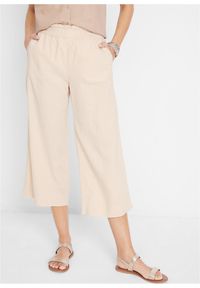 bonprix - Spodnie culotte z lnem, o regulowanej długości. Kolor: beżowy. Materiał: len #1
