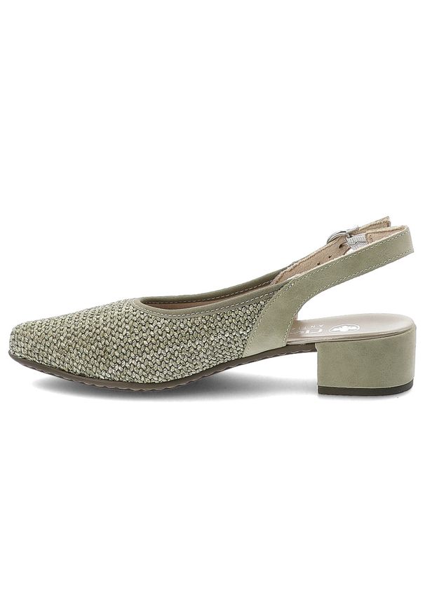 Czółenka damskie Rieker, cholewka z materiału tekstylnego pasek wokół pięty z regulacją na klamrę, zielone, 47060-52. Zapięcie: klamry. Kolor: zielony. Materiał: materiał. Szerokość cholewki: normalna