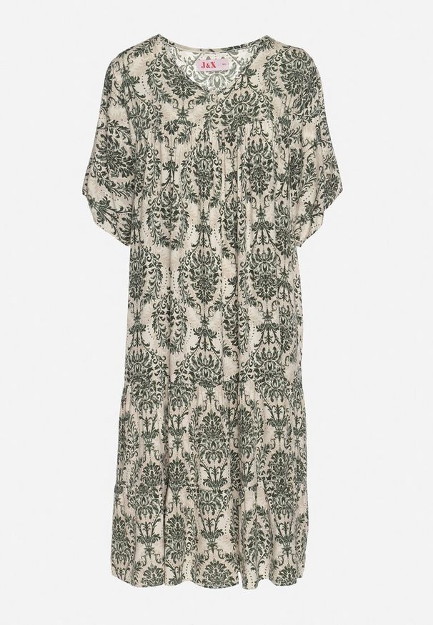 Born2be - Ciemnozielona Sukienka z Bawełną w Abstrakcyjny Wzór Filindela. Okazja: na co dzień, na spacer. Kolor: zielony. Materiał: bawełna. Wzór: aplikacja. Styl: elegancki, klasyczny, casual