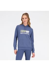 Bluza damska New Balance WT23800VTI – niebieskie. Typ kołnierza: kaptur. Kolor: niebieski. Materiał: poliester, prążkowany, dresówka, bawełna