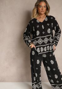 Renee - Czarny Komplet w Stylu Etno Spodnie z Gumką w Pasie i Bluzka Oversize Eviralyn. Kolor: czarny #4