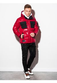 Ombre Clothing - Kurtka męska zimowa C457 - czerwona - XL. Kolor: czerwony. Materiał: poliester. Wzór: aplikacja. Sezon: zima #8