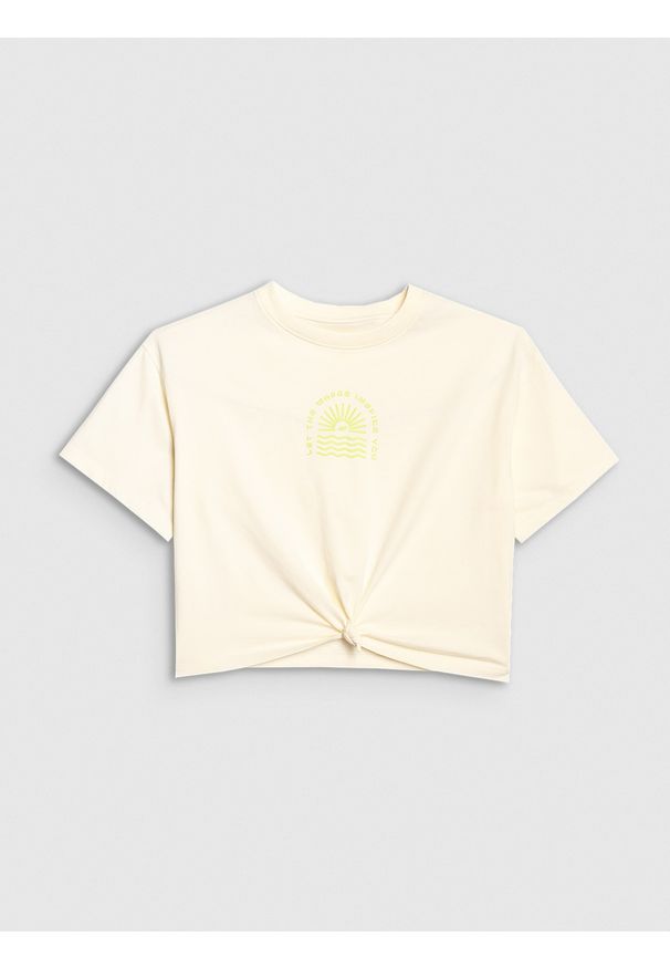 4f - 4F T-shirt oversize crop top z nadrukiem dziewczęcy - biały 140 (9-10 lat). Kolor: biały. Wzór: nadruk. Sezon: lato