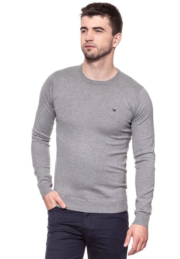 Wrangler - MĘSKI SWETER WRANGLER CREW KNIT MID GREY MEL W85674Q37. Kolor: szary. Materiał: bawełna, wełna, poliester