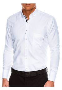 Ombre Clothing - Koszula męska z kontrastową plisą REGULAR FIT K490 - biała - XL. Typ kołnierza: button down. Kolor: biały. Materiał: poliester, bawełna, tkanina. Długość rękawa: długi rękaw. Długość: długie. Styl: elegancki