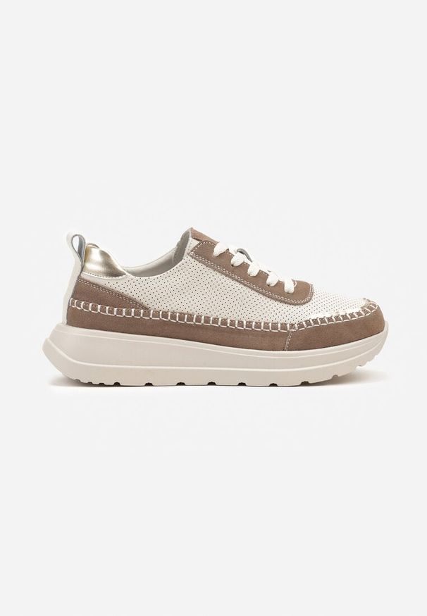 Renee - Beżowo-Brązowe Sneakersy Skórzane Ozdobione Metalicznymi Wstawkami i Przeszyciami Renosa. Okazja: na co dzień. Kolor: beżowy. Materiał: skóra. Wzór: aplikacja. Obcas: na platformie
