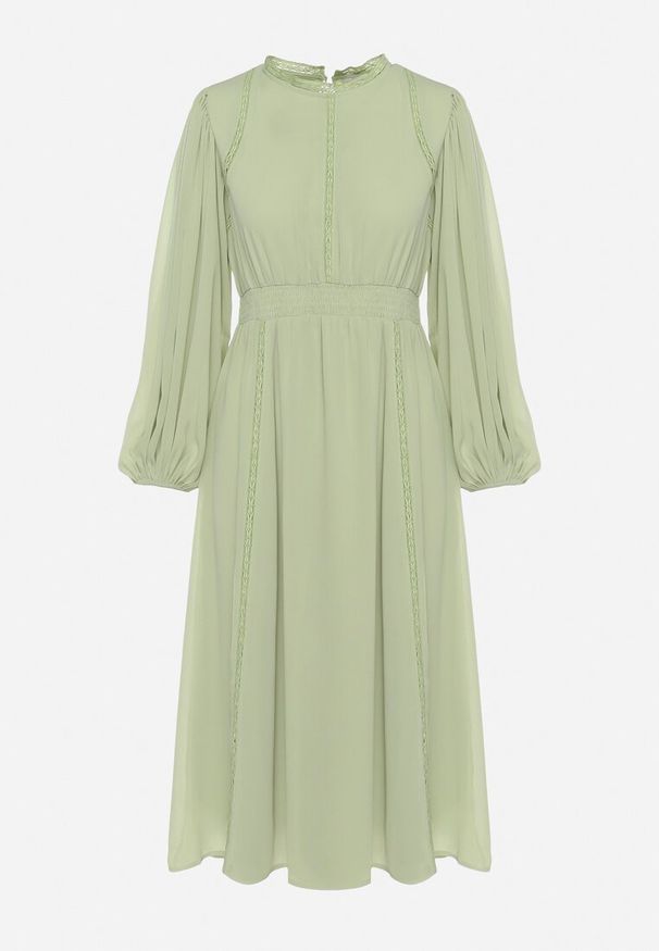 Born2be - Zielona Elegancka Sukienka Midi z Gumkami w Pasie i Ażurowymi Wstawkami Rouxia. Kolor: zielony. Wzór: ażurowy. Styl: elegancki. Długość: midi