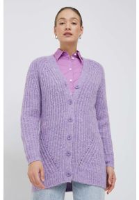 Vero Moda kardigan z domieszką wełny damski kolor fioletowy. Kolor: fioletowy. Materiał: wełna. Długość rękawa: raglanowy rękaw. Wzór: ze splotem #1