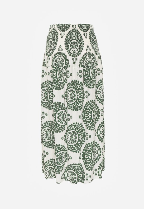 Born2be - Ciemnozielona Rozkloszowana Spódnica z Wiskozy z Wysokim Stanem i Etnicznym Wzorem Ari. Okazja: do pracy, na co dzień, na spacer. Stan: podwyższony. Kolor: zielony. Materiał: wiskoza. Wzór: aplikacja. Sezon: lato. Styl: casual