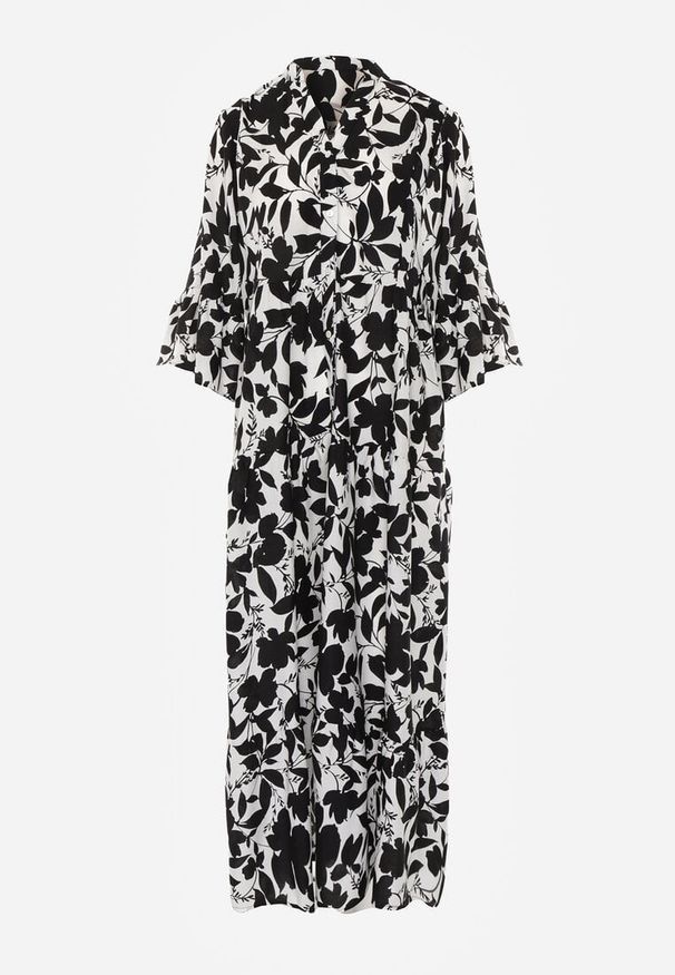 Renee - Czarno-Biała Rozkloszowana Sukienka Maxi na Guziki z Abstrakcyjnym Wzorem Uvellia. Kolor: czarny. Sezon: wiosna, lato. Długość: maxi