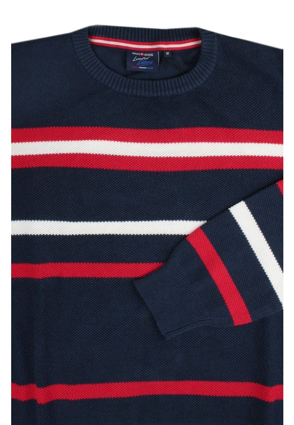 Sweter z Dzianiny Bawełnianej - w Paski - Pako Jeans - Granatowy. Kolor: niebieski. Materiał: bawełna. Wzór: paski. Styl: klasyczny, elegancki