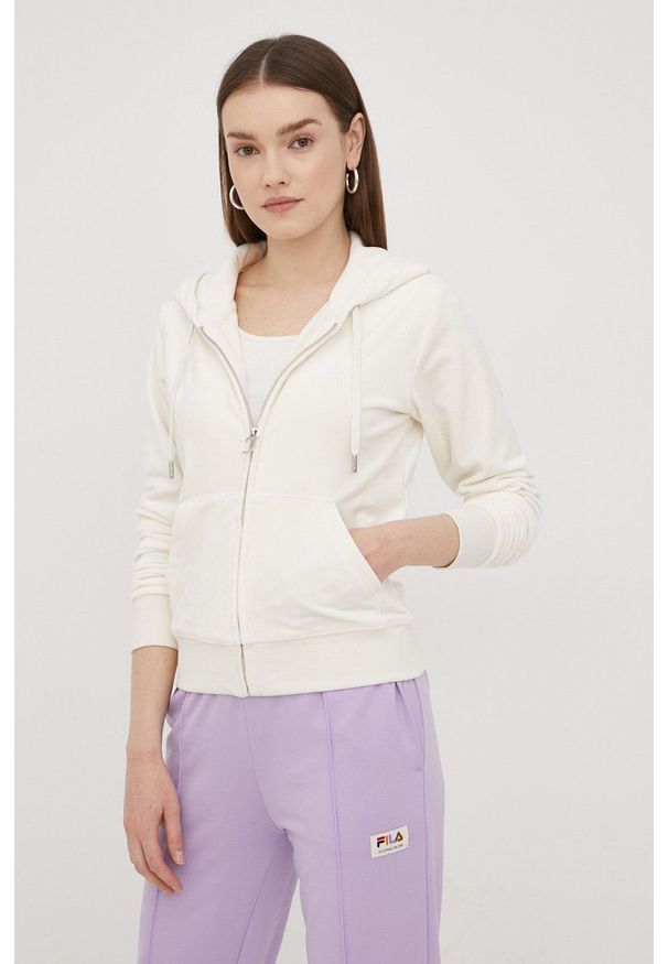 Juicy Couture bluza damska kolor beżowy z kapturem gładka. Okazja: na co dzień. Typ kołnierza: kaptur. Kolor: beżowy. Materiał: dzianina. Wzór: gładki. Styl: casual