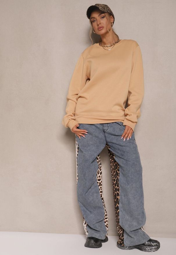 Renee - Ciemnobeżowa Bluza z Bawełną i Ściągaczami przy Rękawach Ravemi. Kolor: beżowy. Materiał: bawełna. Sezon: zima