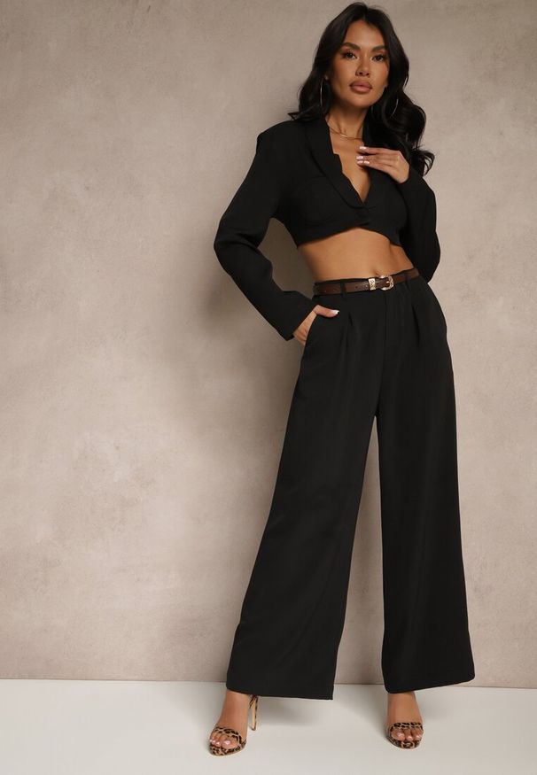Renee - Czarne Garniturowe Szerokie Spodnie High Waist Karmoi. Stan: podwyższony. Kolor: czarny. Styl: klasyczny, elegancki