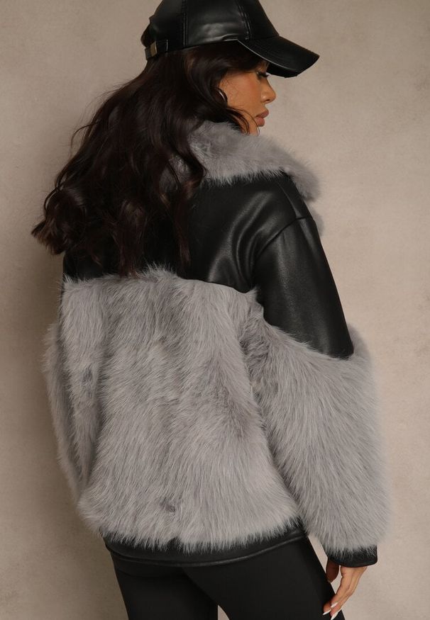 Renee - Szara Kurtka o Kroju Ramoneski z Futrem Sevre. Kolor: szary. Materiał: futro. Styl: rockowy