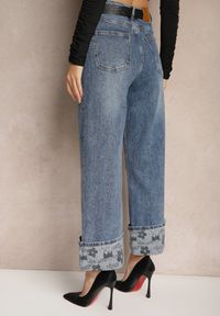Renee - Niebieskie Jeansy High Waist z Szerokimi Nogawkami Ozdobnie Wywiniętymi z Paskiem Loroma. Okazja: na co dzień. Stan: podwyższony. Kolor: niebieski. Styl: casual, elegancki #5